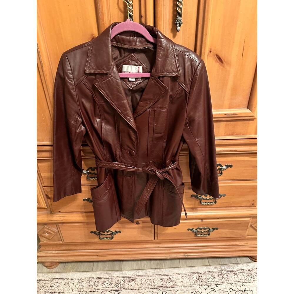 Vintage Oxblood Burgundy Leather Car Coat Women's Size 14 Belted 70s 80s Jacket